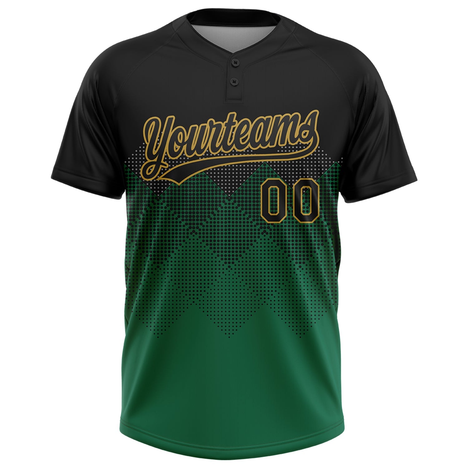 Custom Black Kelly Green-Old Gold 3D Pattern Gradient Square Shapes Two-Button Unisex Softball Jersey view 2