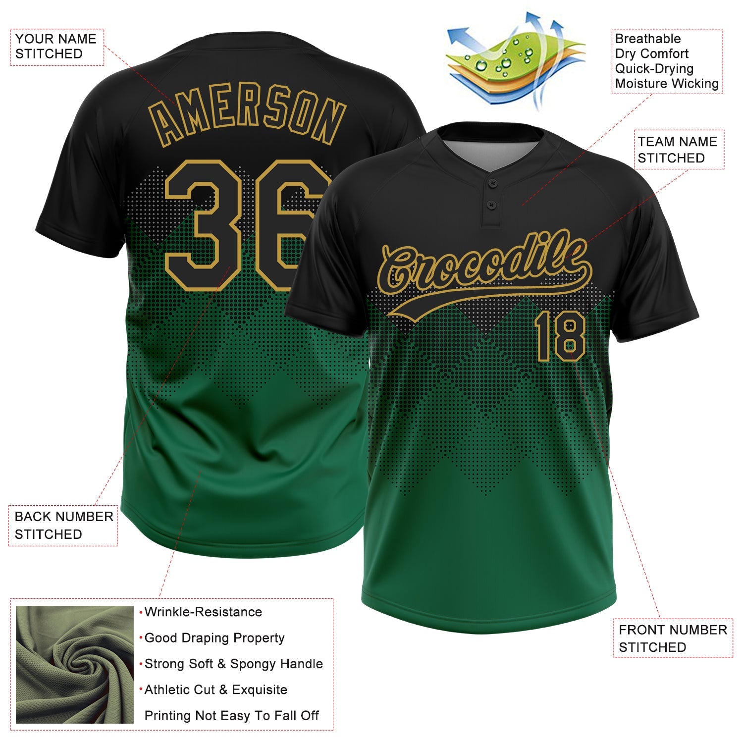 Custom Black Kelly Green-Old Gold 3D Pattern Gradient Square Shapes Two-Button Unisex Softball Jersey view 3