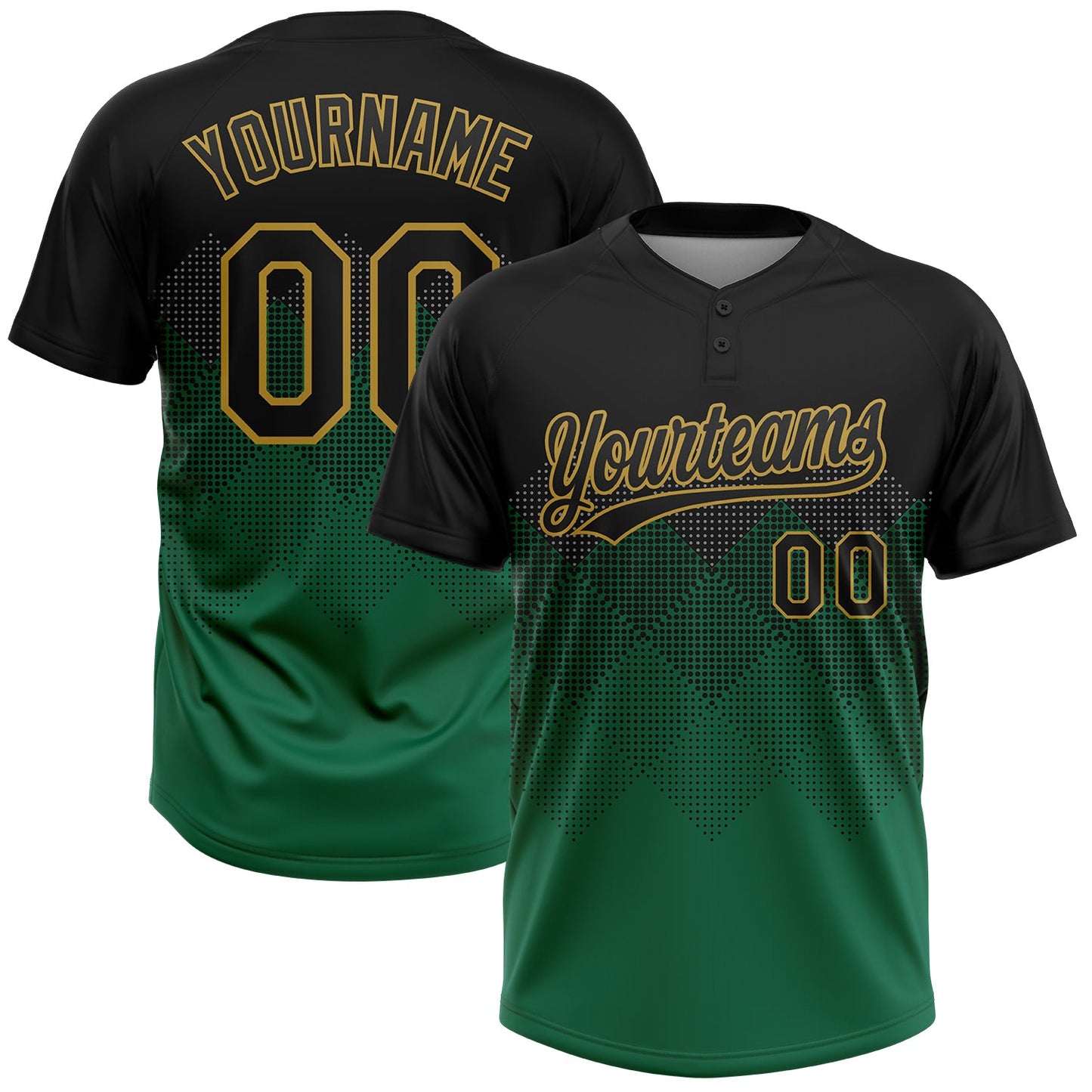 Custom Black Kelly Green-Old Gold 3D Pattern Gradient Square Shapes Two-Button Unisex Softball Jersey - Main View