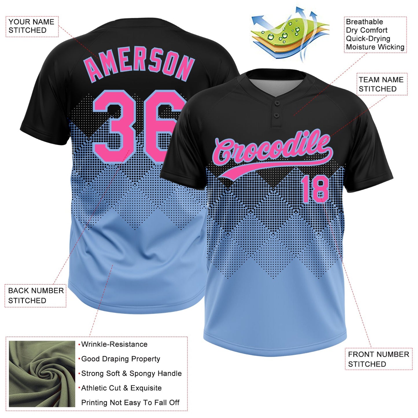 Custom Black Pink-Light Blue 3D Pattern Gradient Square Shapes Two-Button Unisex Softball Jersey view 3
