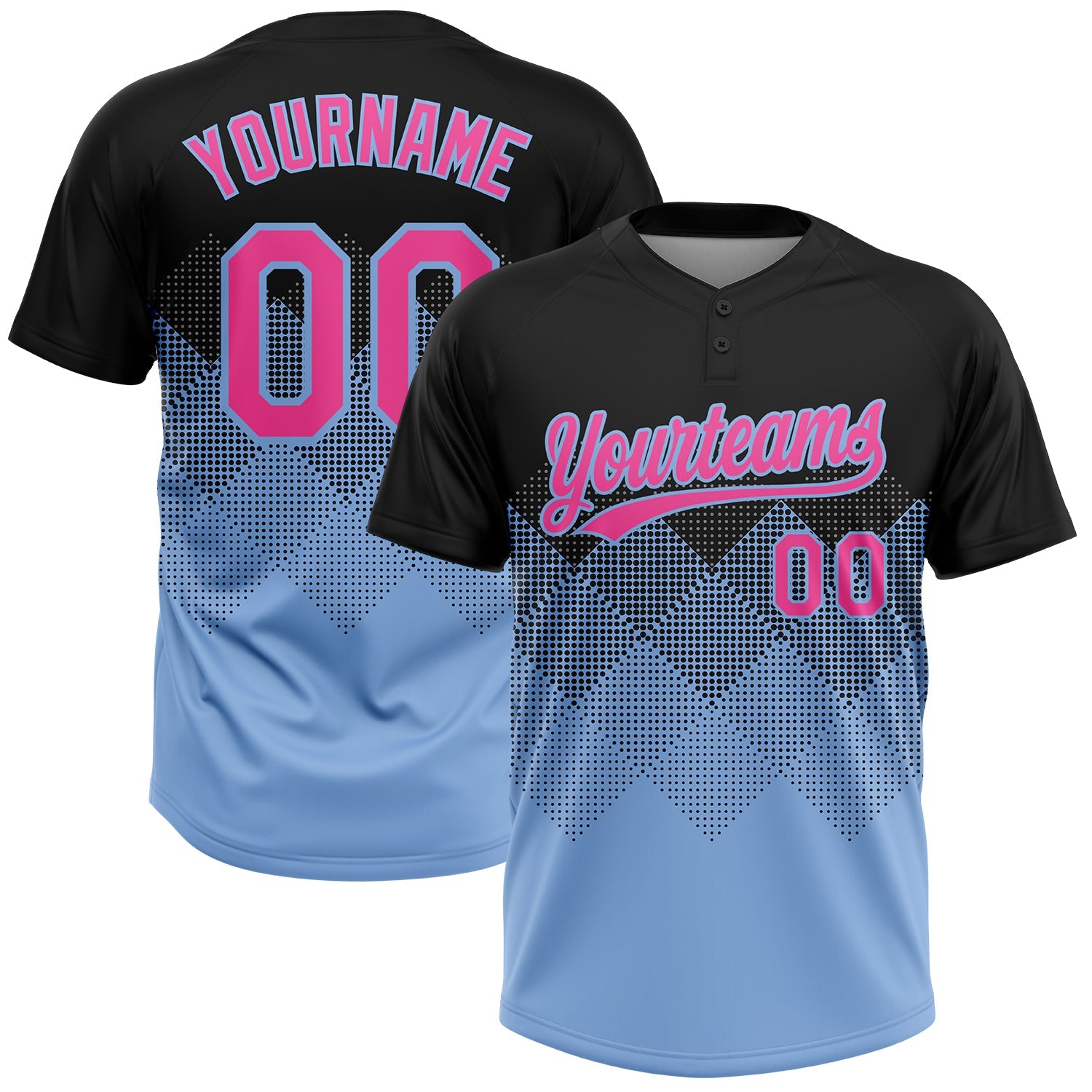 Custom Black Pink-Light Blue 3D Pattern Gradient Square Shapes Two-Button Unisex Softball Jersey - Main View