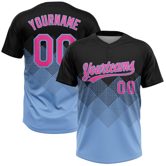 Custom Black Pink-Light Blue 3D Pattern Gradient Square Shapes Two-Button Unisex Softball Jersey - Main View