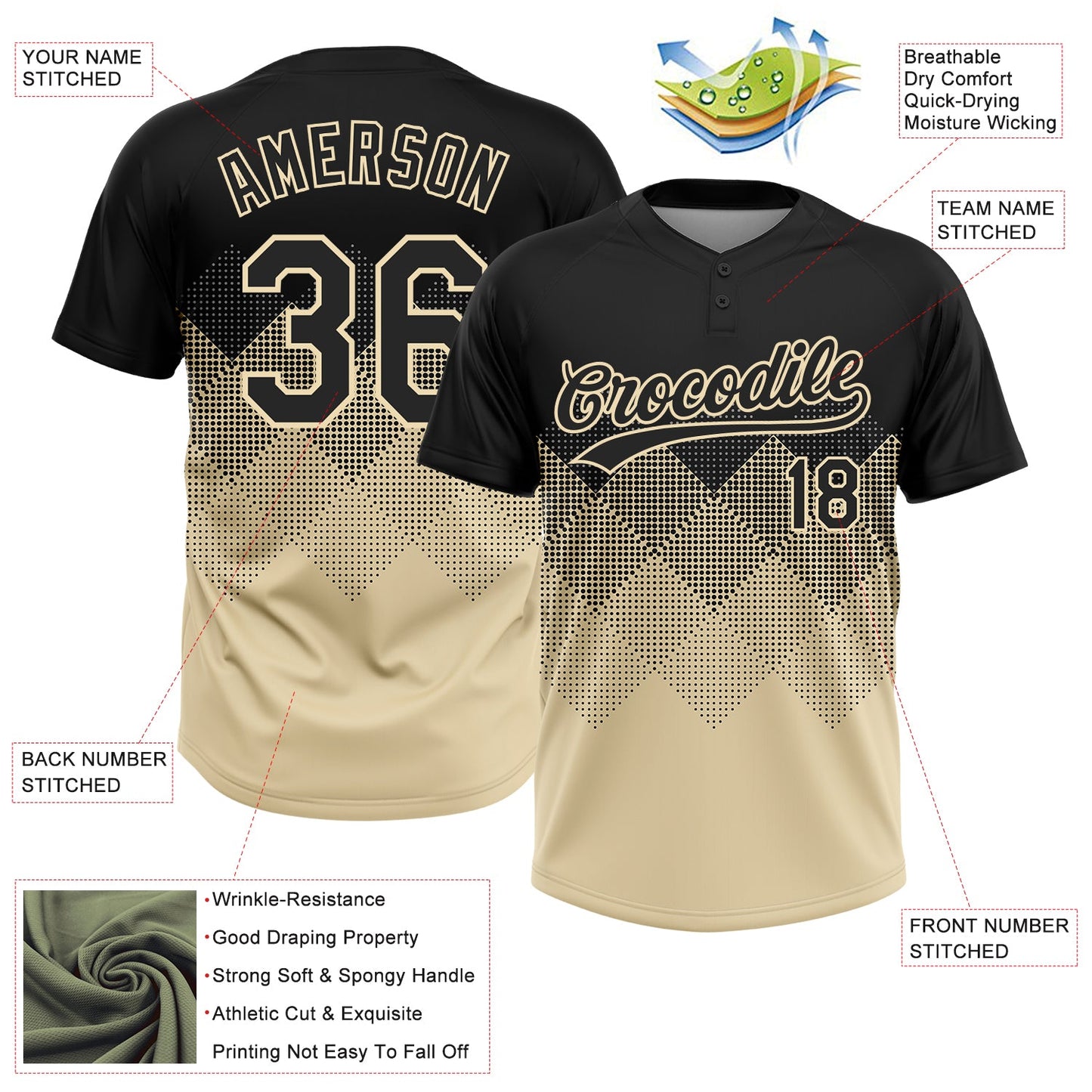 Custom Black Cream 3D Pattern Gradient Square Shapes Two-Button Unisex Softball Jersey view 3