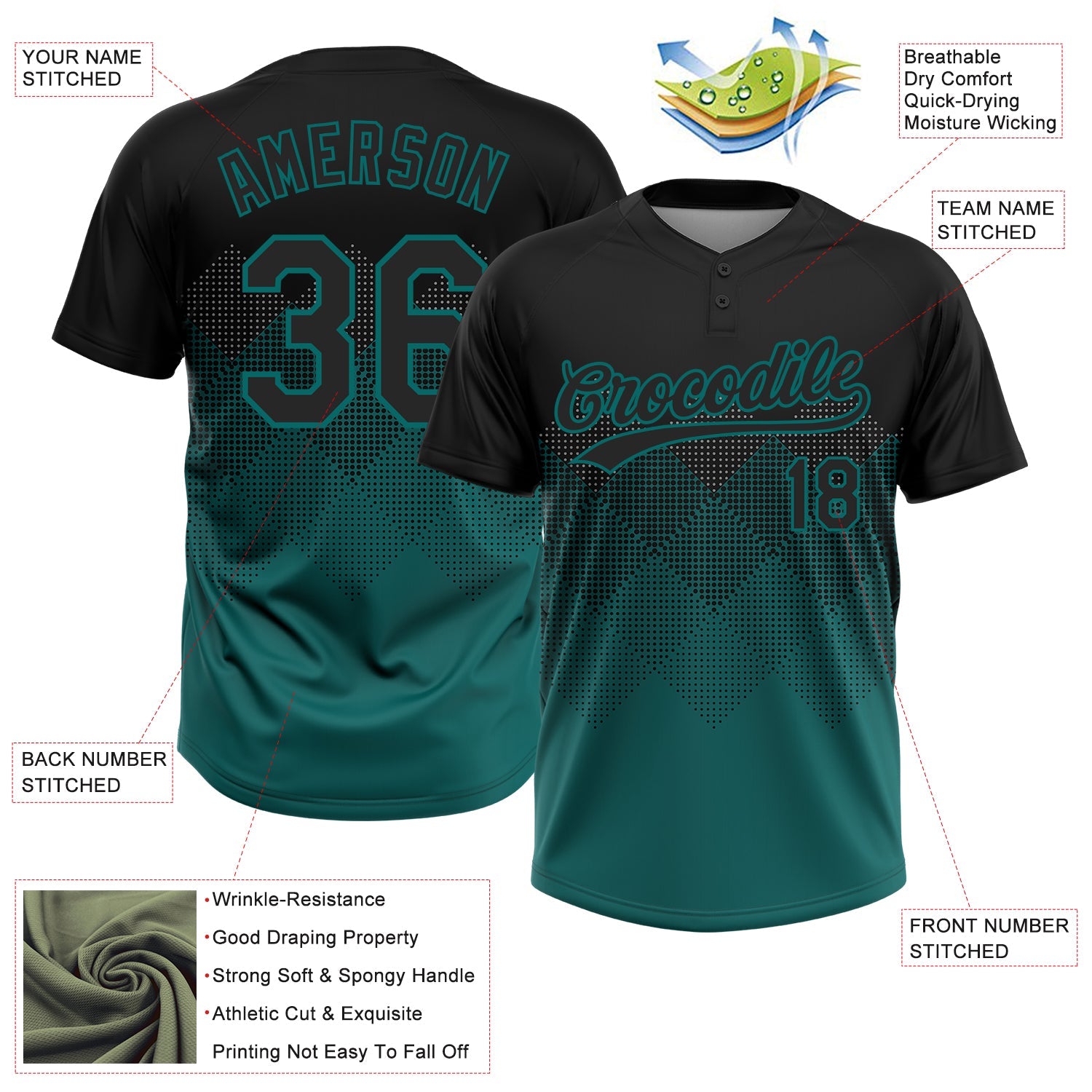 Custom Black Teal 3D Pattern Gradient Square Shapes Two-Button Unisex Softball Jersey view 3