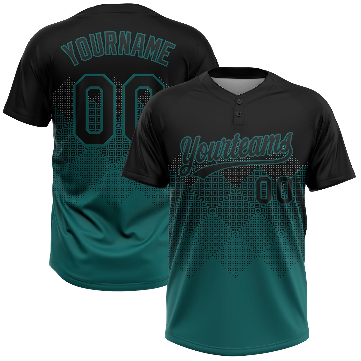 Custom Black Teal 3D Pattern Gradient Square Shapes Two-Button Unisex Softball Jersey - Main View