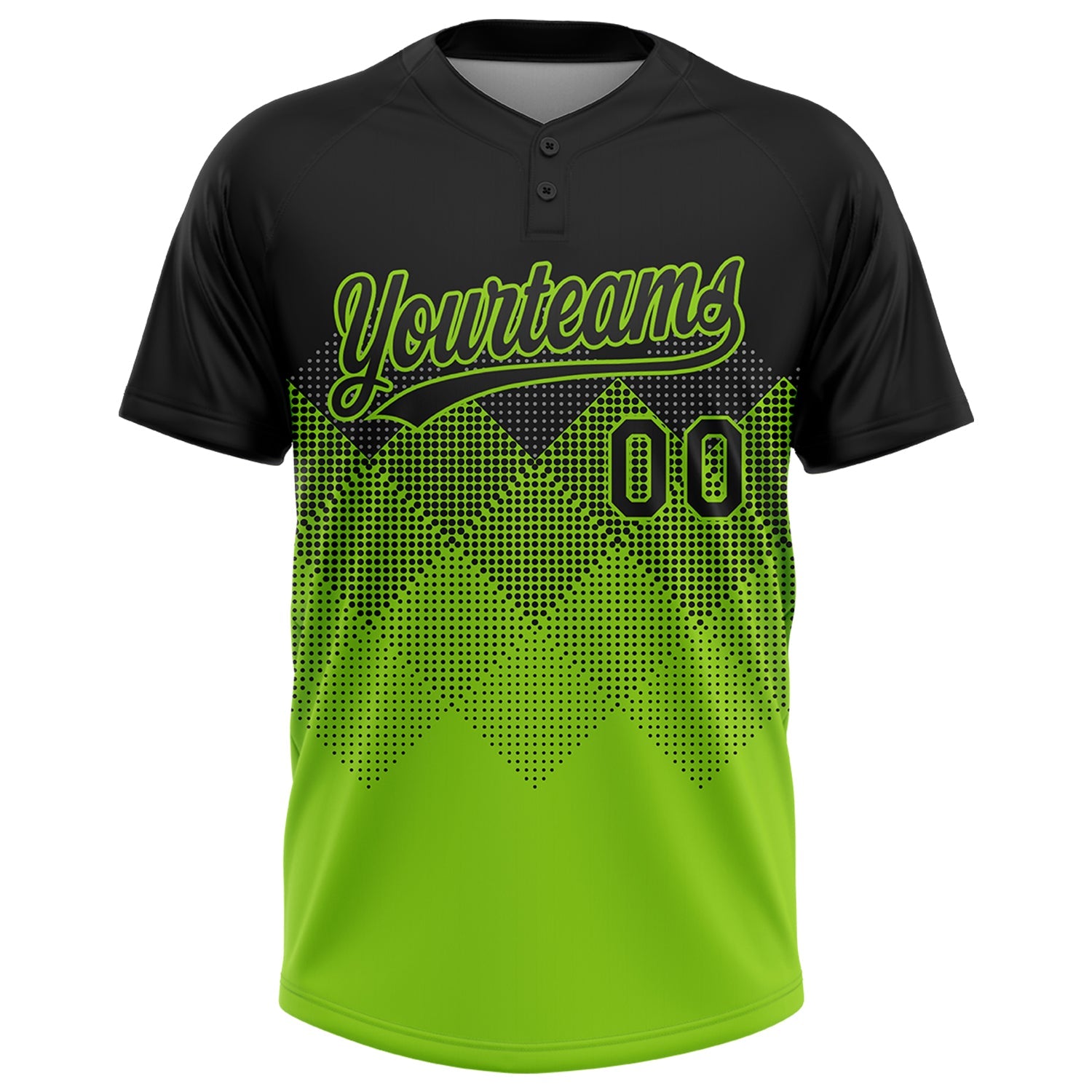 Custom Black Neon Green 3D Pattern Gradient Square Shapes Two-Button Unisex Softball Jersey view 2