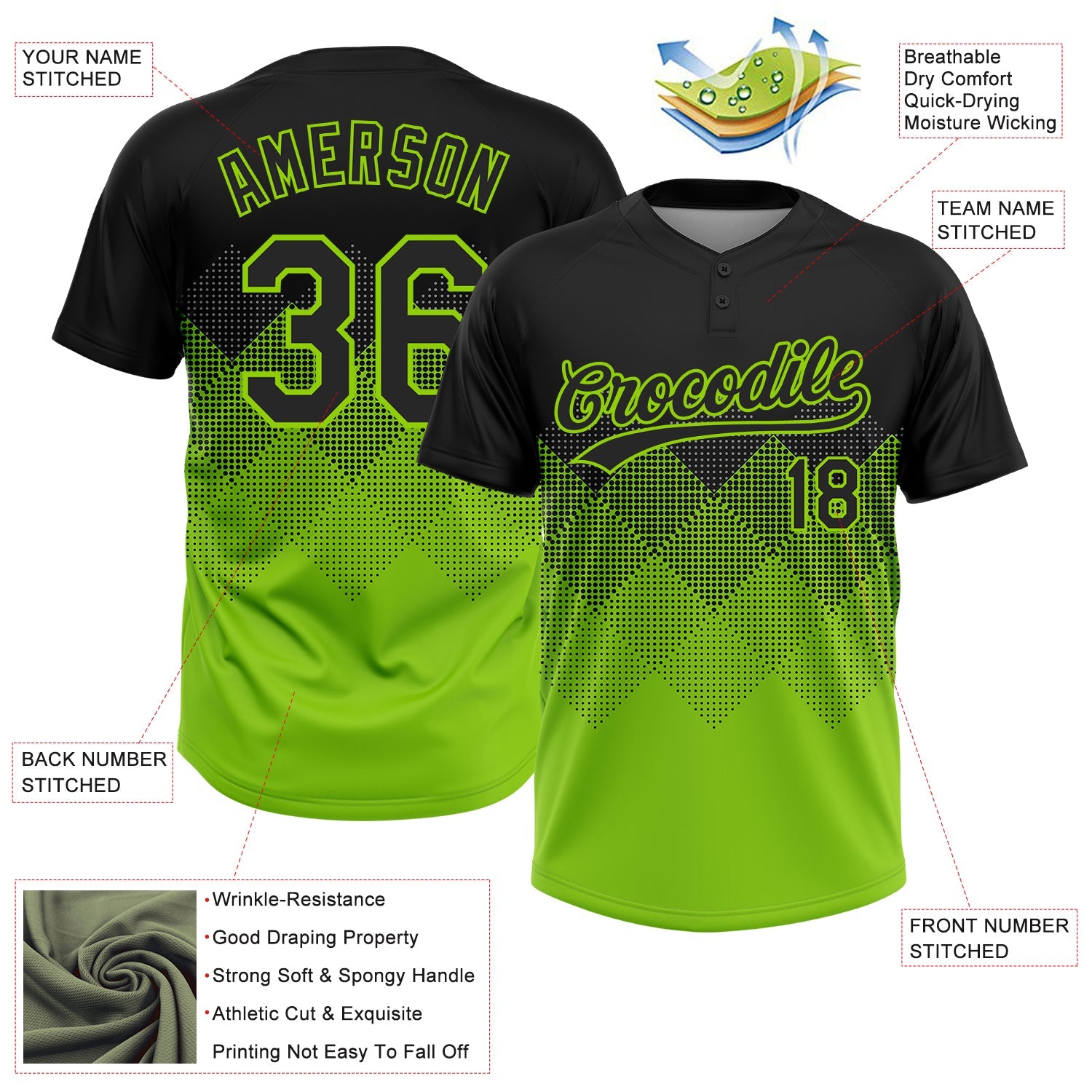 Custom Black Neon Green 3D Pattern Gradient Square Shapes Two-Button Unisex Softball Jersey view 3