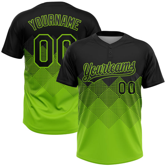 Custom Black Neon Green 3D Pattern Gradient Square Shapes Two-Button Unisex Softball Jersey - Main View