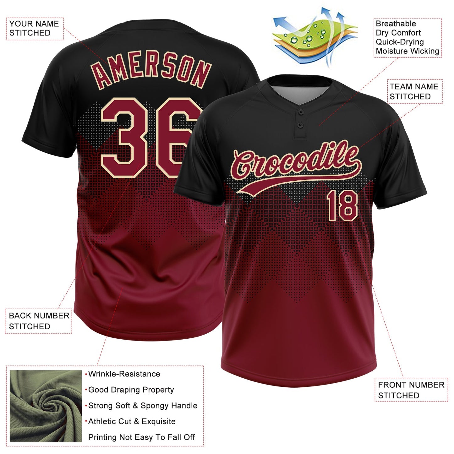 Custom Black Crimson-City Cream 3D Pattern Gradient Square Shapes Two-Button Unisex Softball Jersey view 3