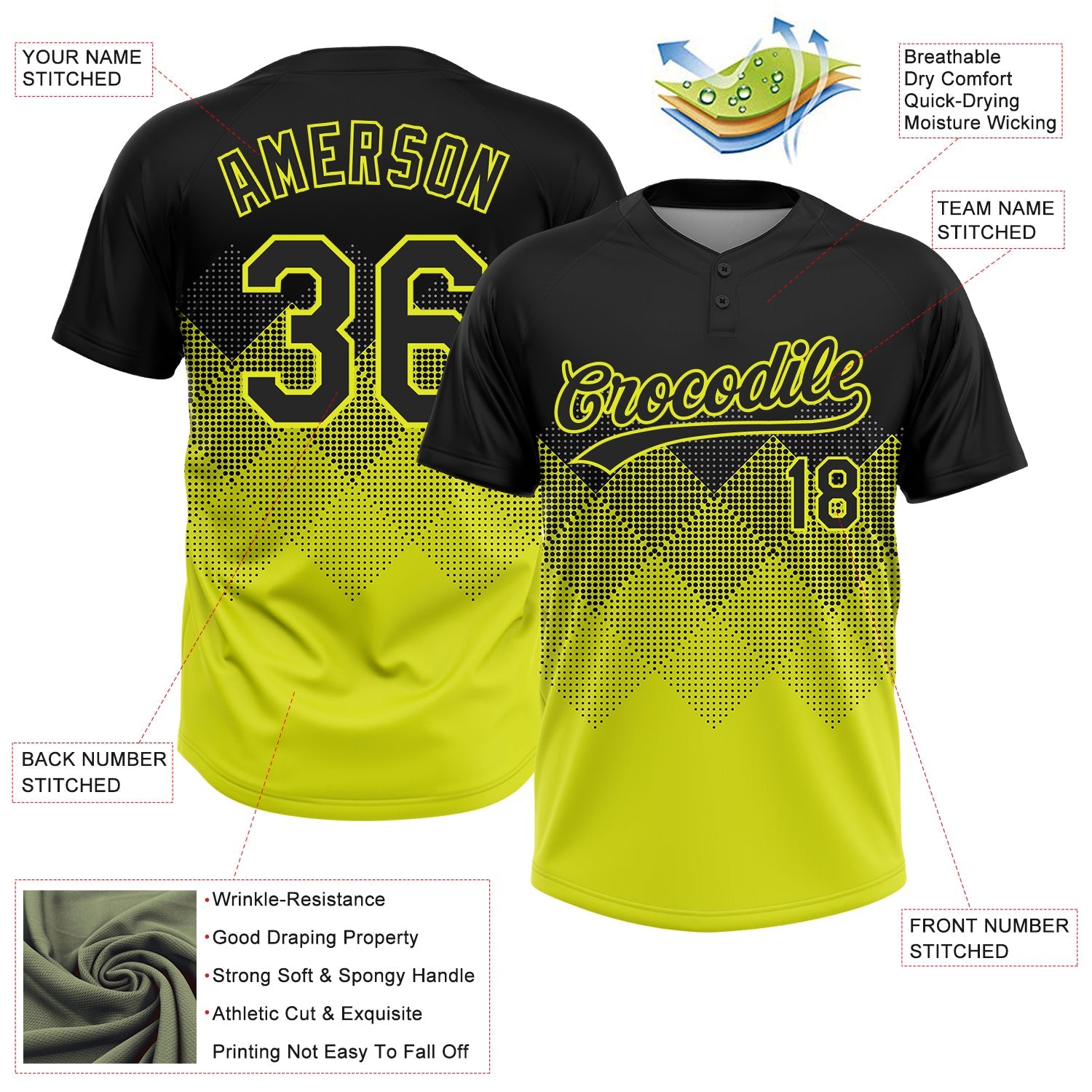 Custom Black Neon Yellow 3D Pattern Gradient Square Shapes Two-Button Unisex Softball Jersey view 3