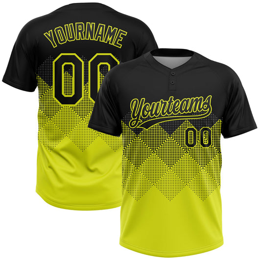 Custom Black Neon Yellow 3D Pattern Gradient Square Shapes Two-Button Unisex Softball Jersey - Main View