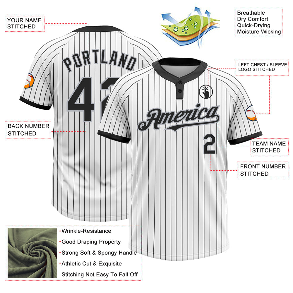 Custom White Black Pinstripe Gray Two-Button Unisex Softball Jersey view 3