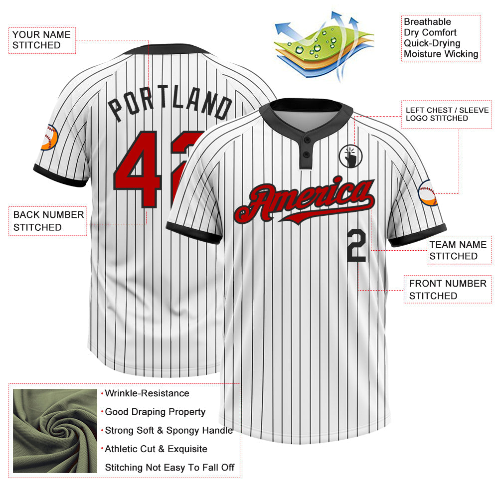 Custom White Black Pinstripe Red Two-Button Unisex Softball Jersey view 3