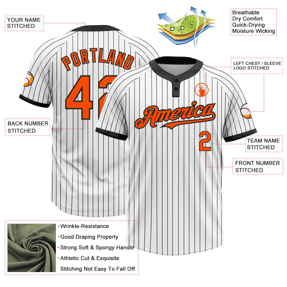 Custom White Black Pinstripe Orange Two-Button Unisex Softball Jersey view 3