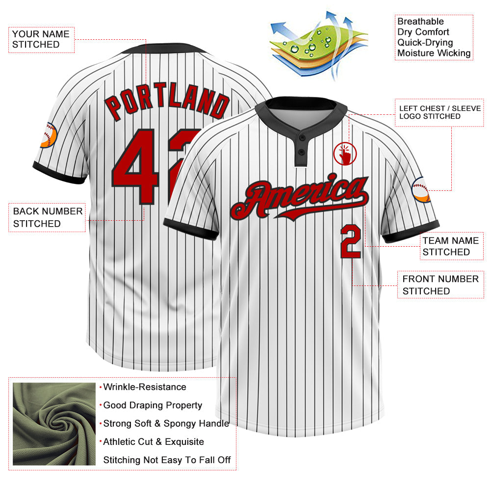 Custom White Black Pinstripe Red Two-Button Unisex Softball Jersey view 3