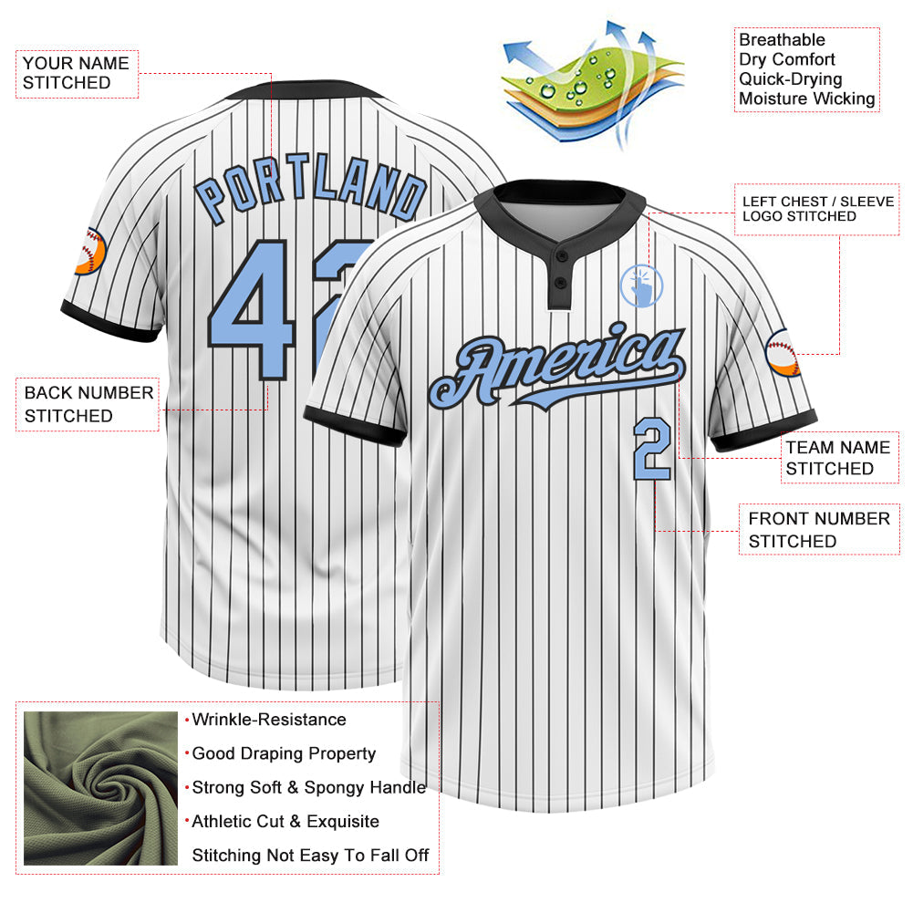 Custom White Black Pinstripe Light Blue Two-Button Unisex Softball Jersey view 3