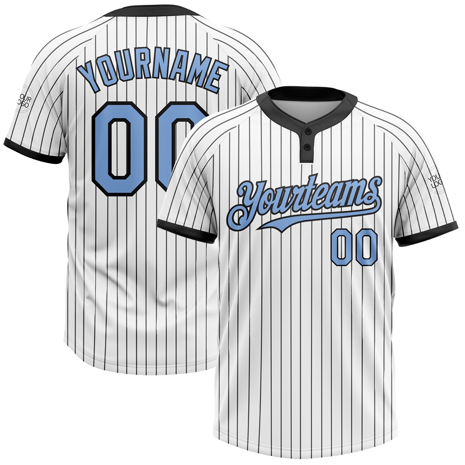 Custom White Black Pinstripe Light Blue Two-Button Unisex Softball Jersey - Main View