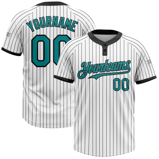 Custom White Black Pinstripe Teal Two-Button Unisex Softball Jersey - Main View