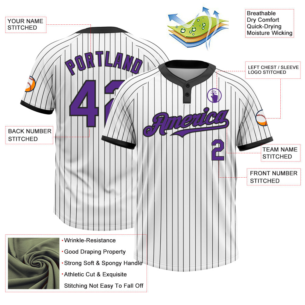 Custom White Black Pinstripe Purple Two-Button Unisex Softball Jersey view 3