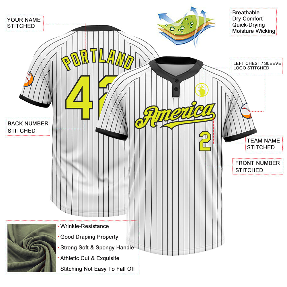Custom White Black Pinstripe Neon Yellow Two-Button Unisex Softball Jersey view 3