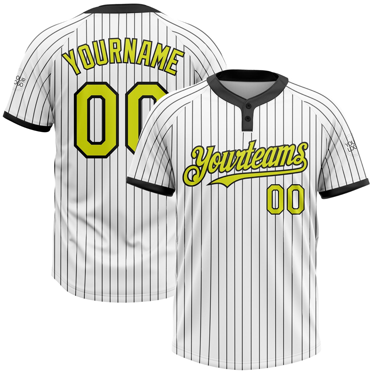 Custom White Black Pinstripe Neon Yellow Two-Button Unisex Softball Jersey - Main View