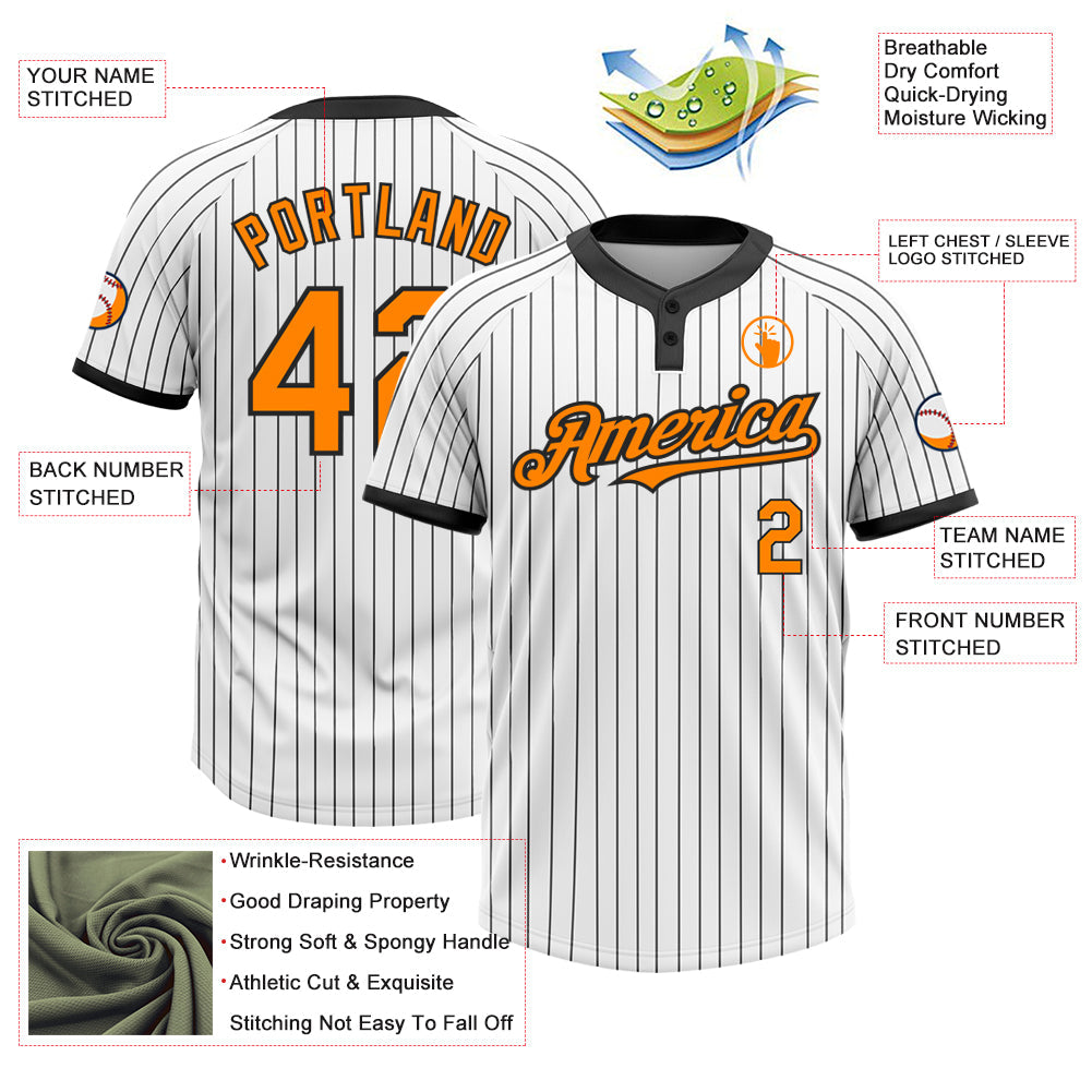 Custom White Black Pinstripe Bay Orange Two-Button Unisex Softball Jersey view 3