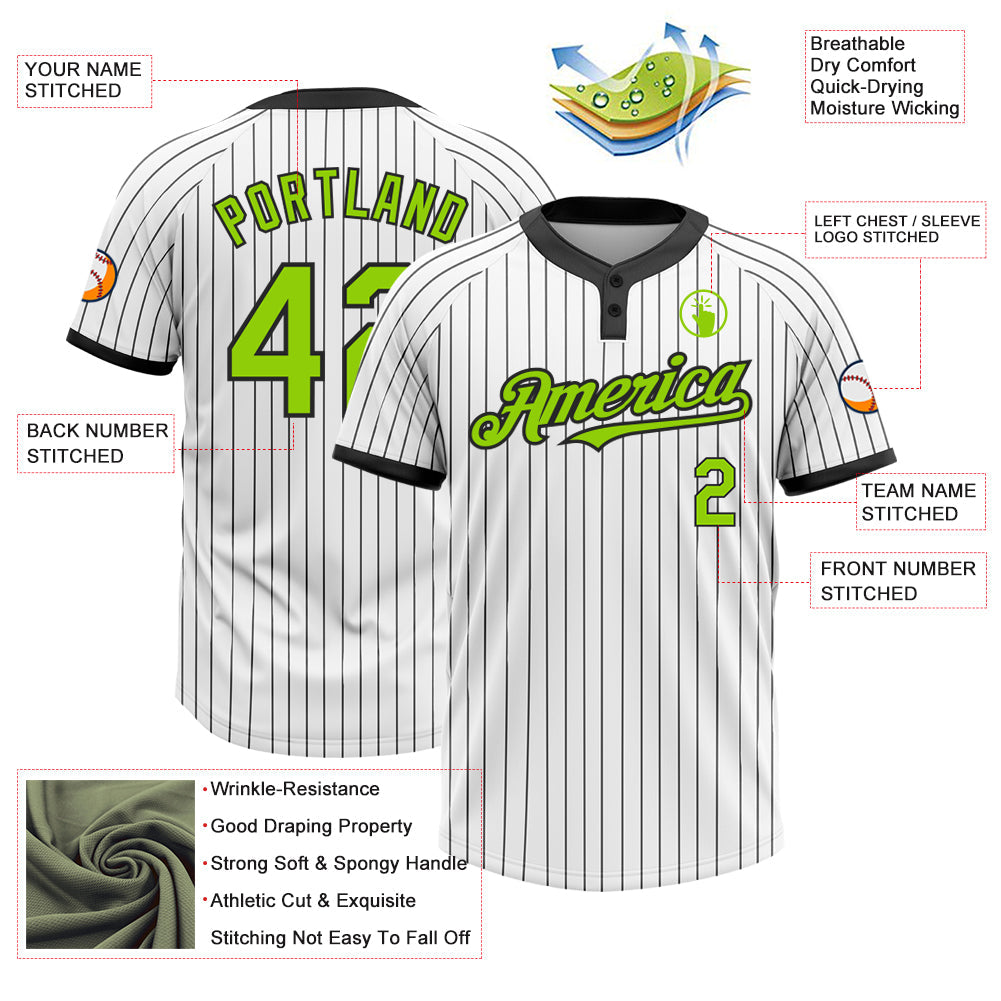Custom White Black Pinstripe Neon Green Two-Button Unisex Softball Jersey view 3