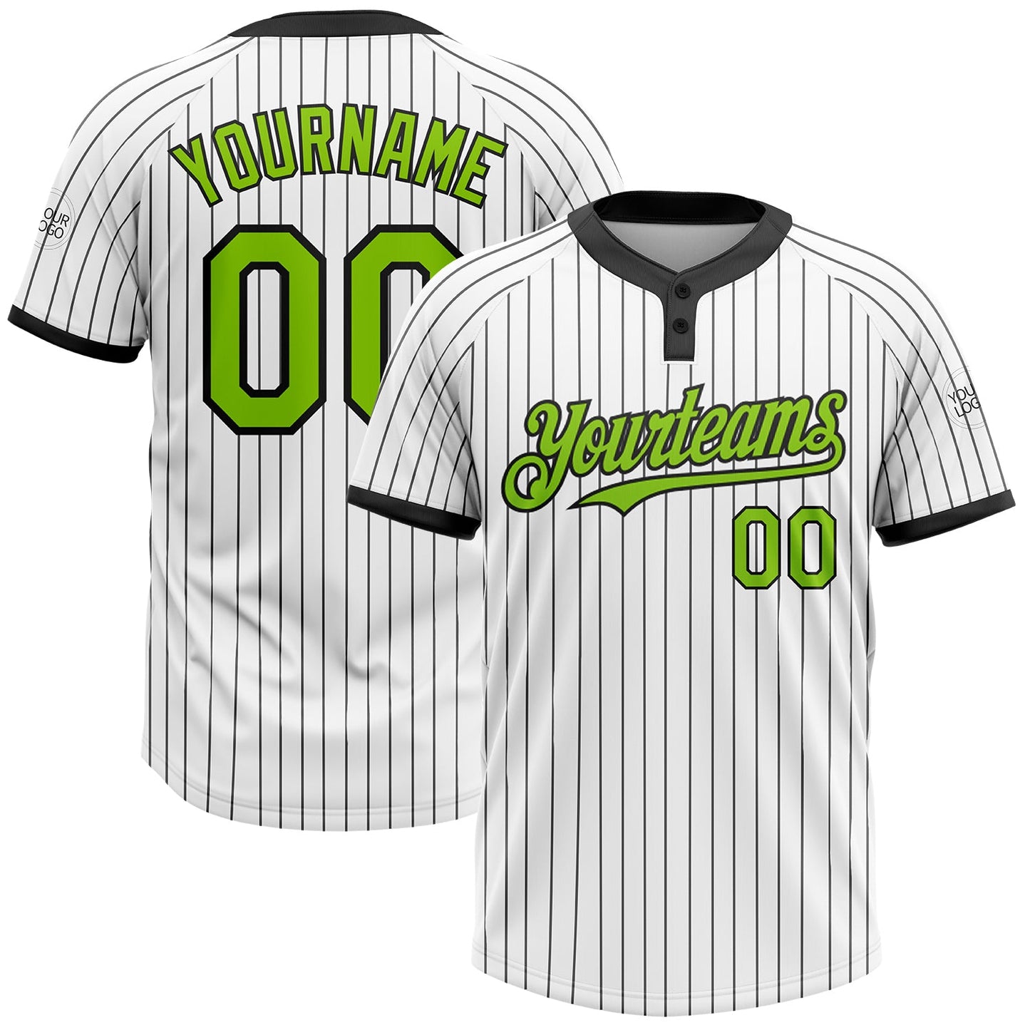 Custom White Black Pinstripe Neon Green Two-Button Unisex Softball Jersey - Main View