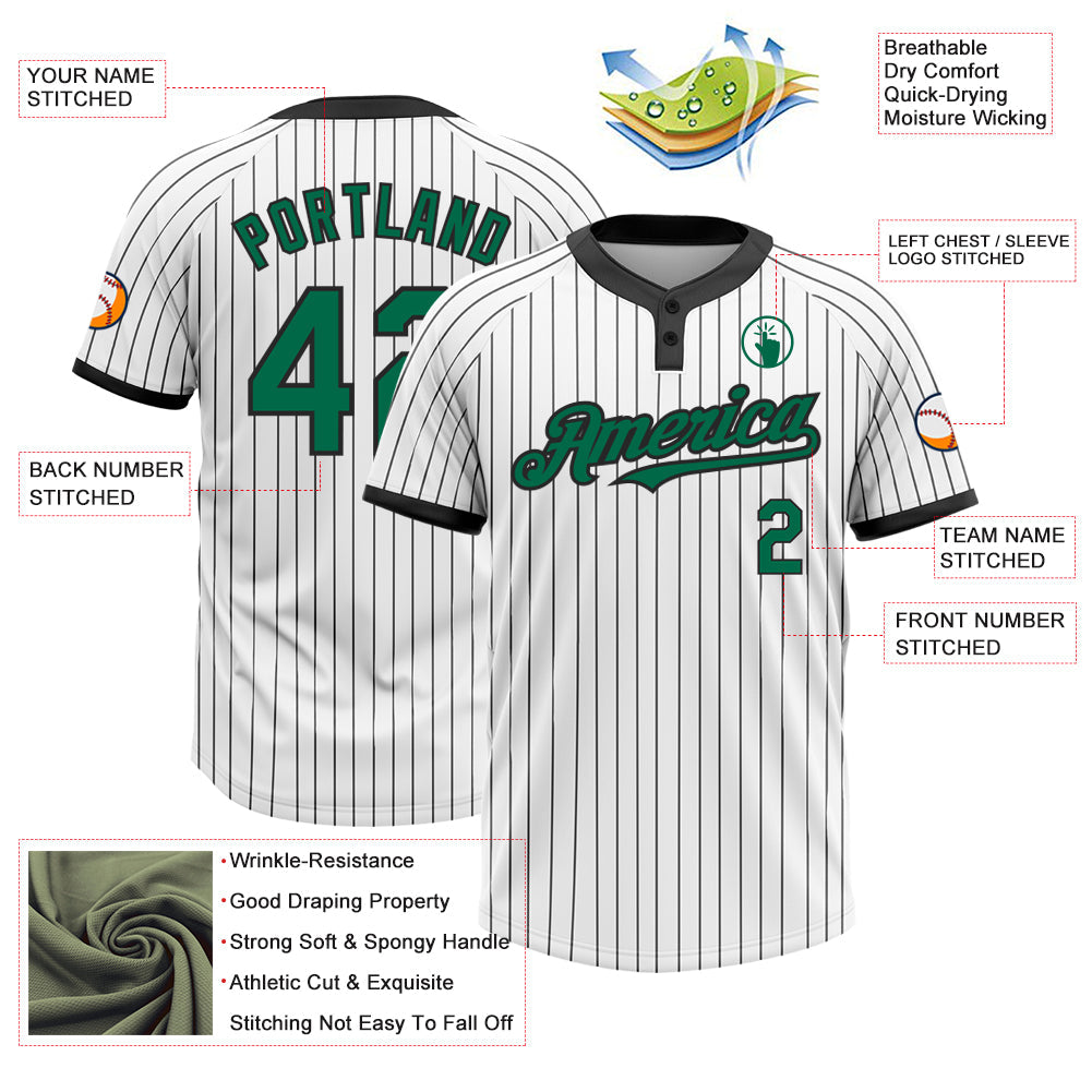 Custom White Black Pinstripe Kelly Green Two-Button Unisex Softball Jersey view 3