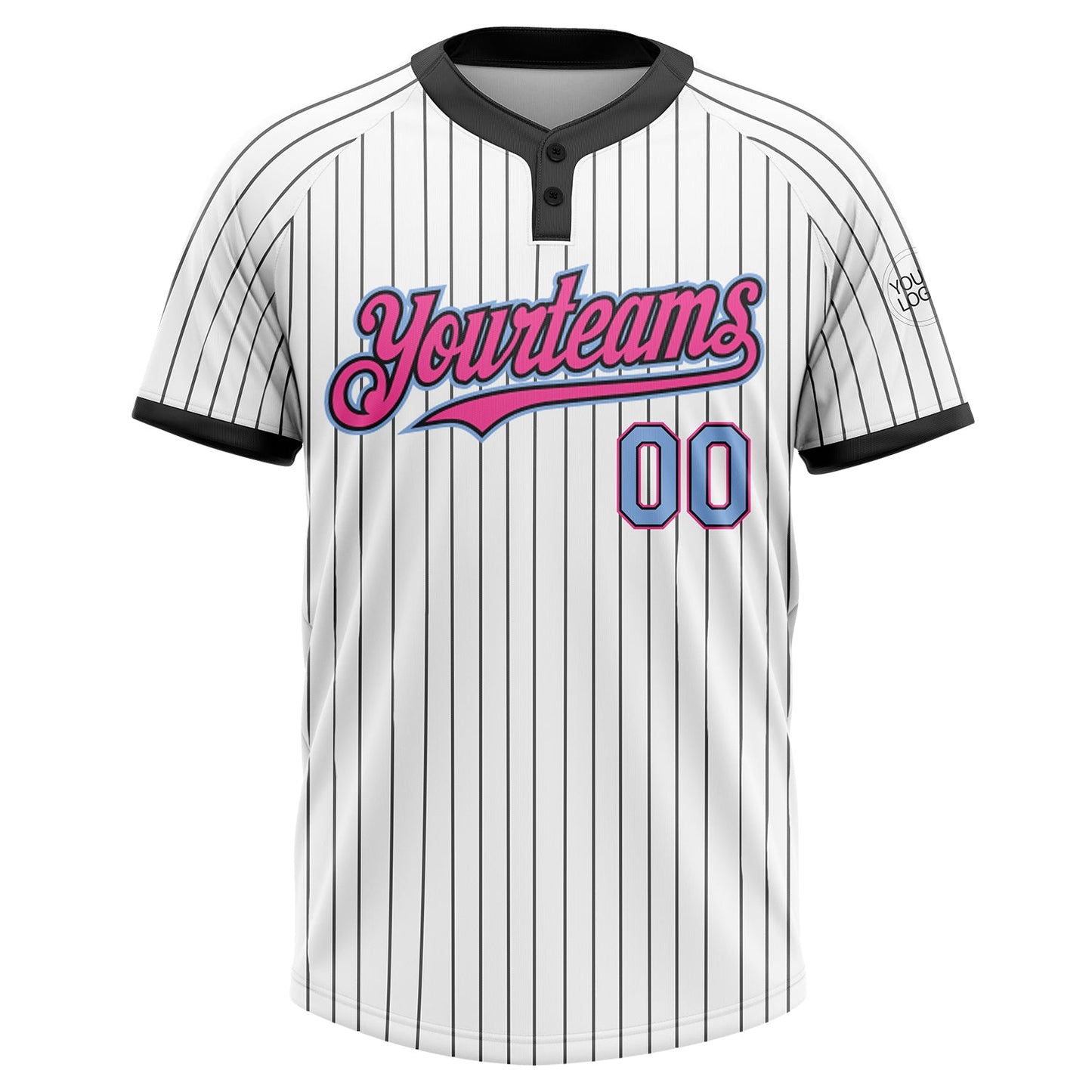 Custom White Black Pinstripe Light Blue-Pink Two-Button Unisex Softball Jersey view 2