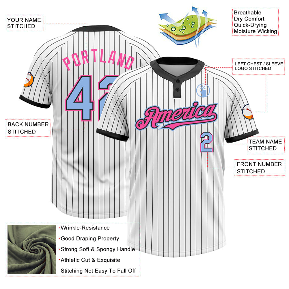 Custom White Black Pinstripe Light Blue-Pink Two-Button Unisex Softball Jersey view 3