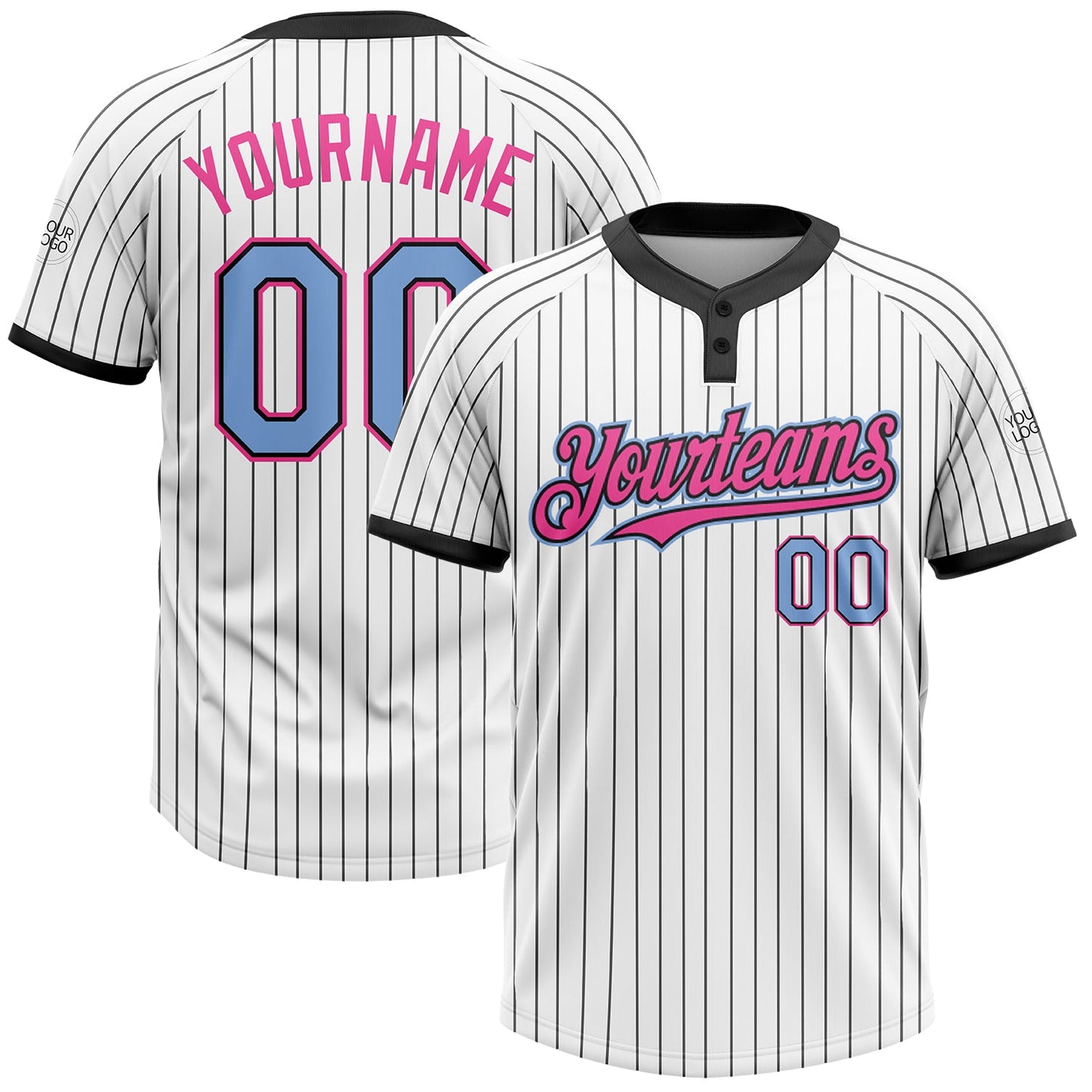 Custom White Black Pinstripe Light Blue-Pink Two-Button Unisex Softball Jersey - Main View