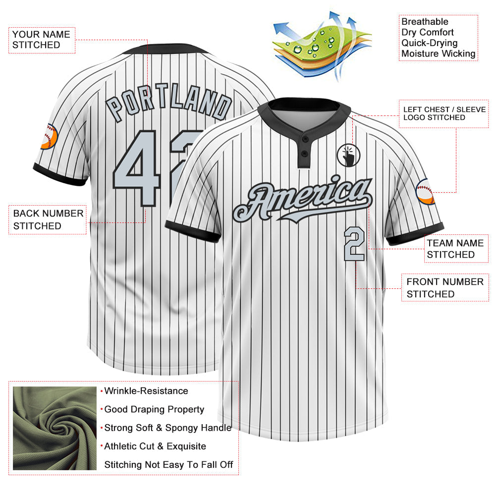 Custom White Black Pinstripe Silver-Black Two-Button Unisex Softball Jersey view 3