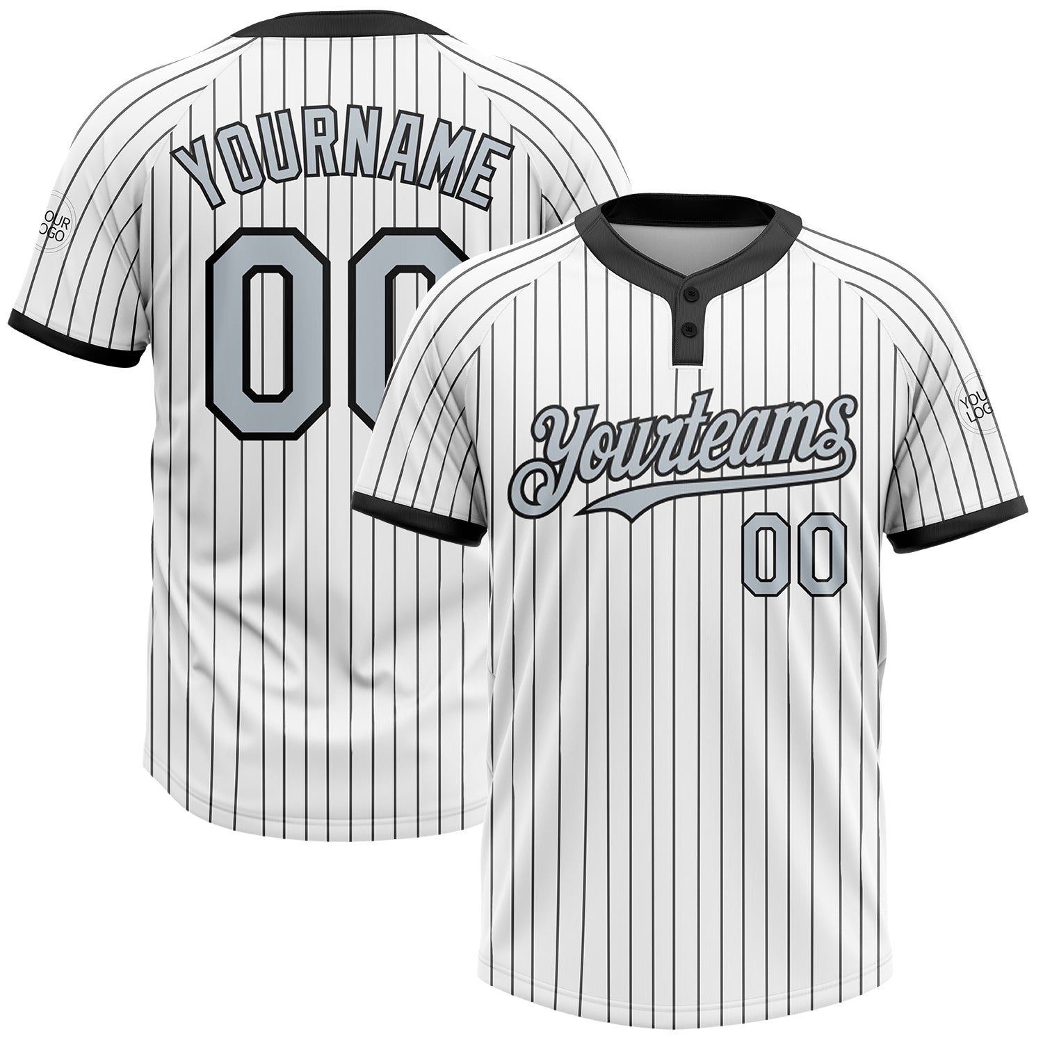 Custom White Black Pinstripe Silver-Black Two-Button Unisex Softball Jersey - Main View