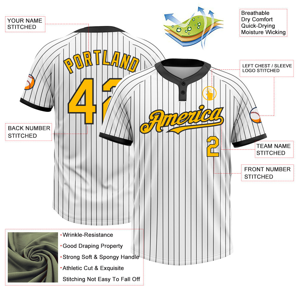 Custom White Black Pinstripe Gold-Black Two-Button Unisex Softball Jersey view 3