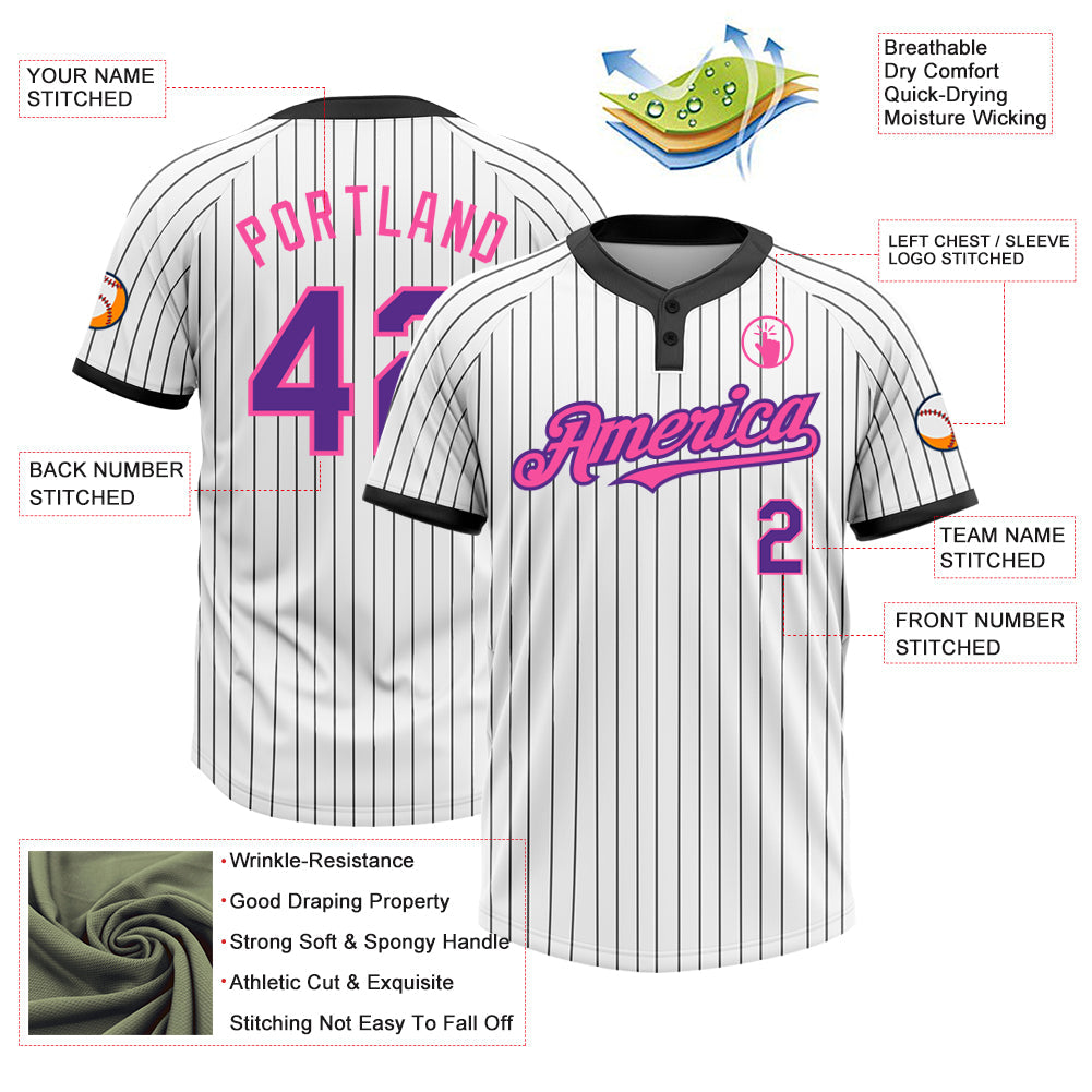 Custom White Black Pinstripe Purple-Pink Two-Button Unisex Softball Jersey view 3