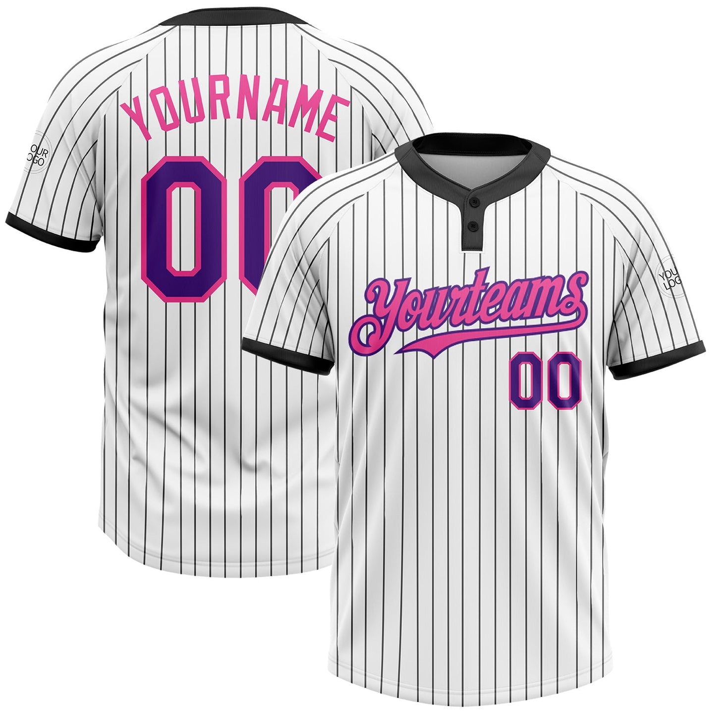 Custom White Black Pinstripe Purple-Pink Two-Button Unisex Softball Jersey - Main View