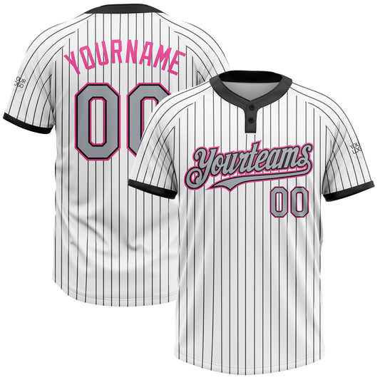 Custom White Black Pinstripe Gray-Pink Two-Button Unisex Softball Jersey - Main View