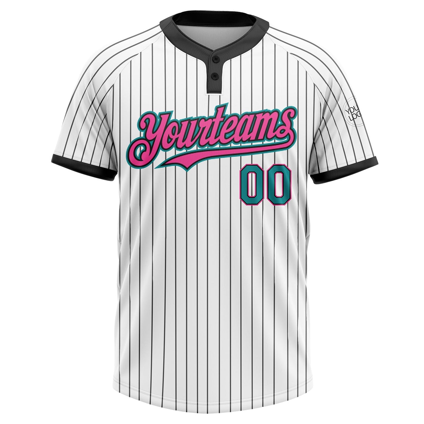Custom White Black Pinstripe Teal-Pink Two-Button Unisex Softball Jersey view 2