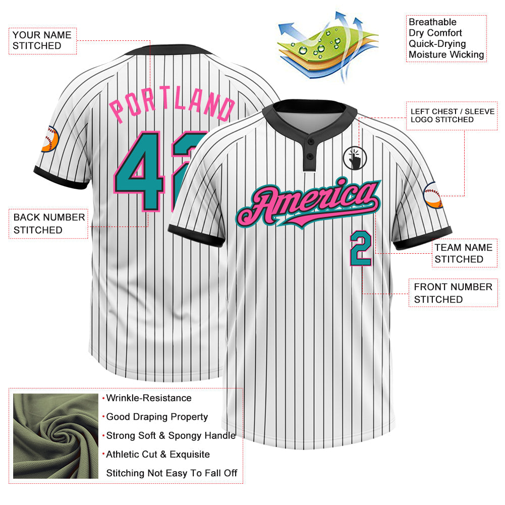 Custom White Black Pinstripe Teal-Pink Two-Button Unisex Softball Jersey view 3