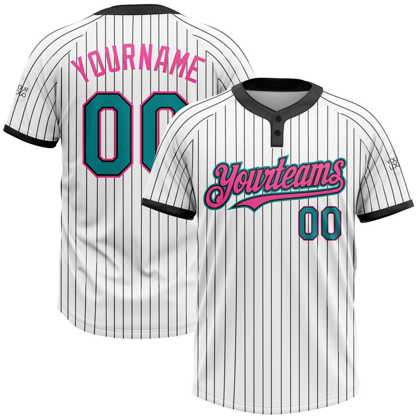 Custom White Black Pinstripe Teal-Pink Two-Button Unisex Softball Jersey - Main View