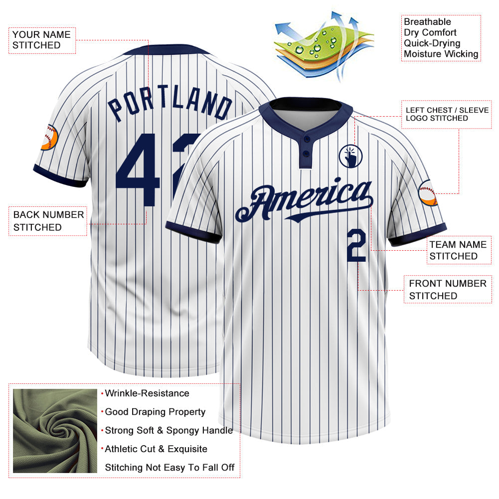 Custom White Navy Pinstripe Navy Two-Button Unisex Softball Jersey view 3