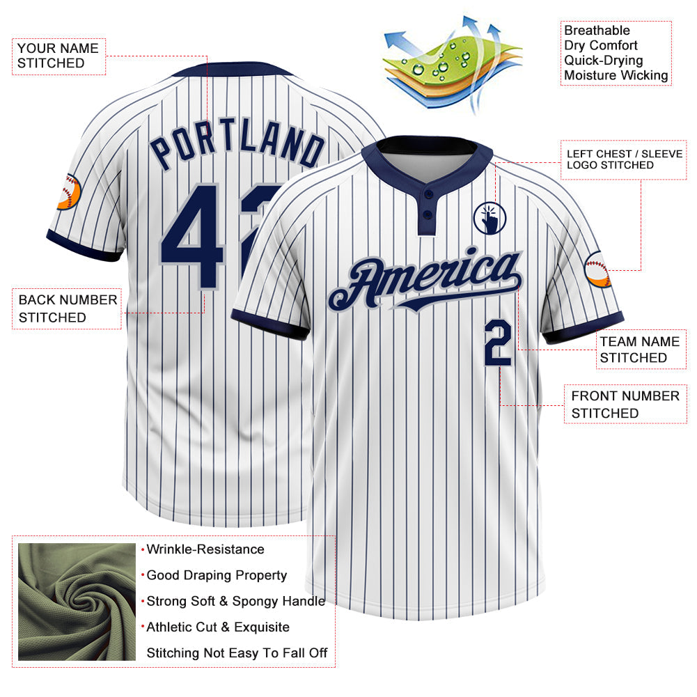 Custom White Navy Pinstripe Gray Two-Button Unisex Softball Jersey view 3