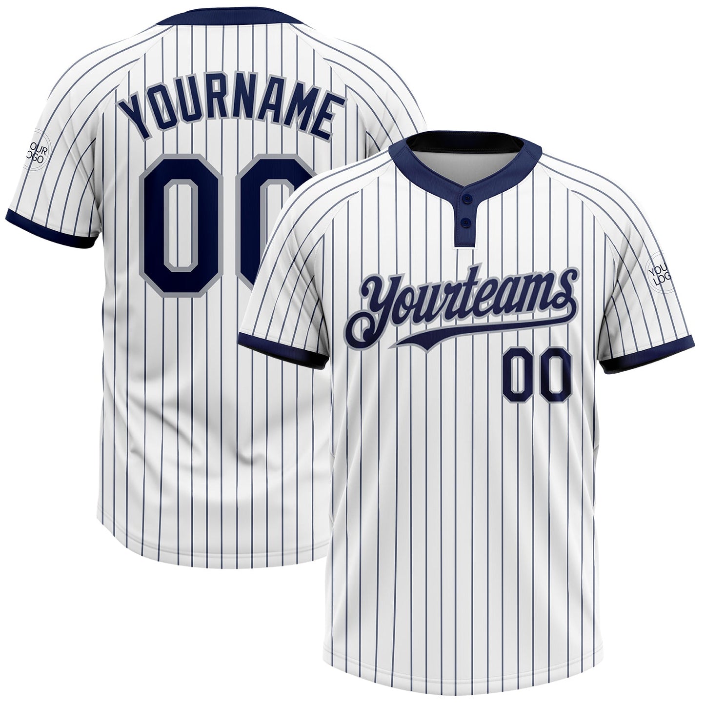Custom White Navy Pinstripe Gray Two-Button Unisex Softball Jersey - Main View