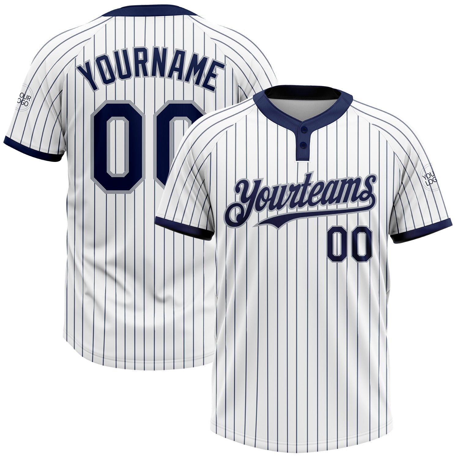 Custom White Navy Pinstripe Gray Two-Button Unisex Softball Jersey - Main View
