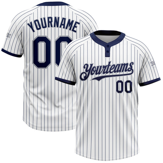 Custom White Navy Pinstripe Gray Two-Button Unisex Softball Jersey - Main View