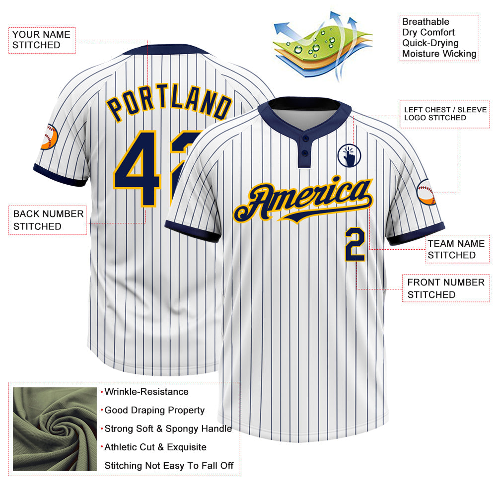 Custom White Navy Pinstripe Gold Two-Button Unisex Softball Jersey view 3