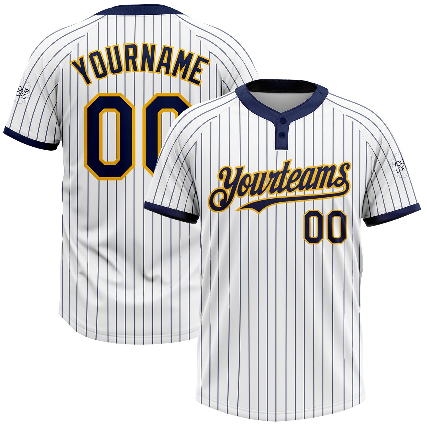 Custom White Navy Pinstripe Gold Two-Button Unisex Softball Jersey - Main View