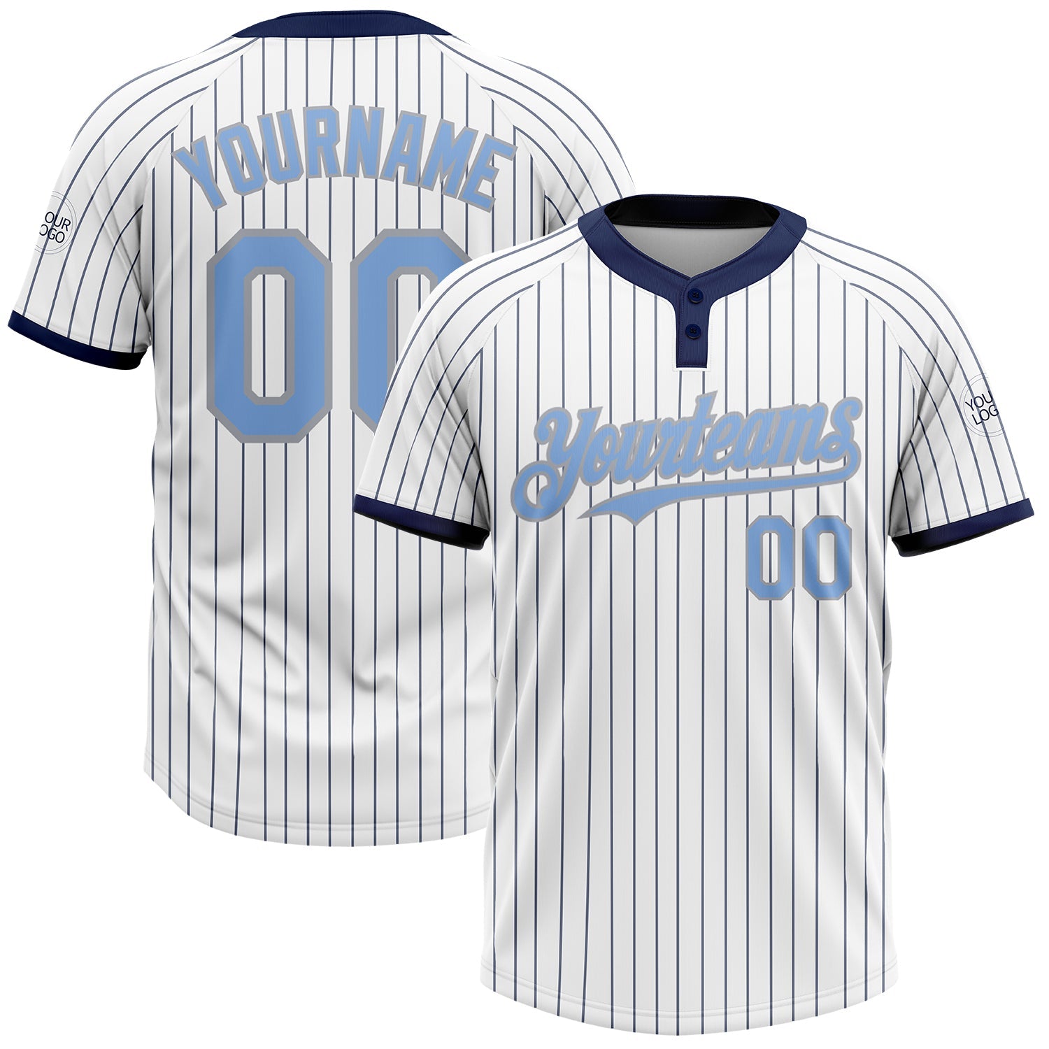 Custom White Navy Pinstripe Light Blue-Gray Two-Button Unisex Softball Jersey - Main View