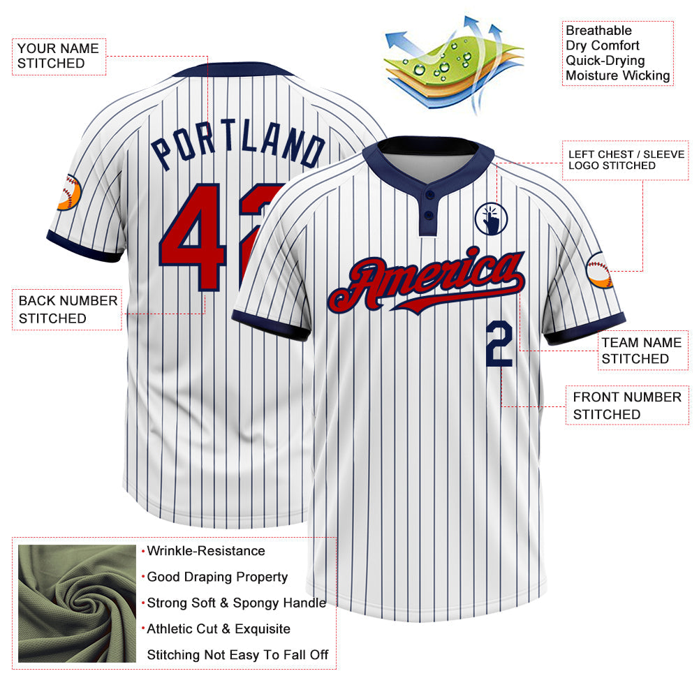 Custom White Navy Pinstripe Red Two-Button Unisex Softball Jersey view 3